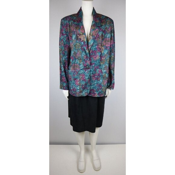 VINTAGE WOMEN S TEAL FLORAL PRINT SKIRT SUIT - JESSICA SCOTT - SIZE 14 / M - Picture 1 of 9